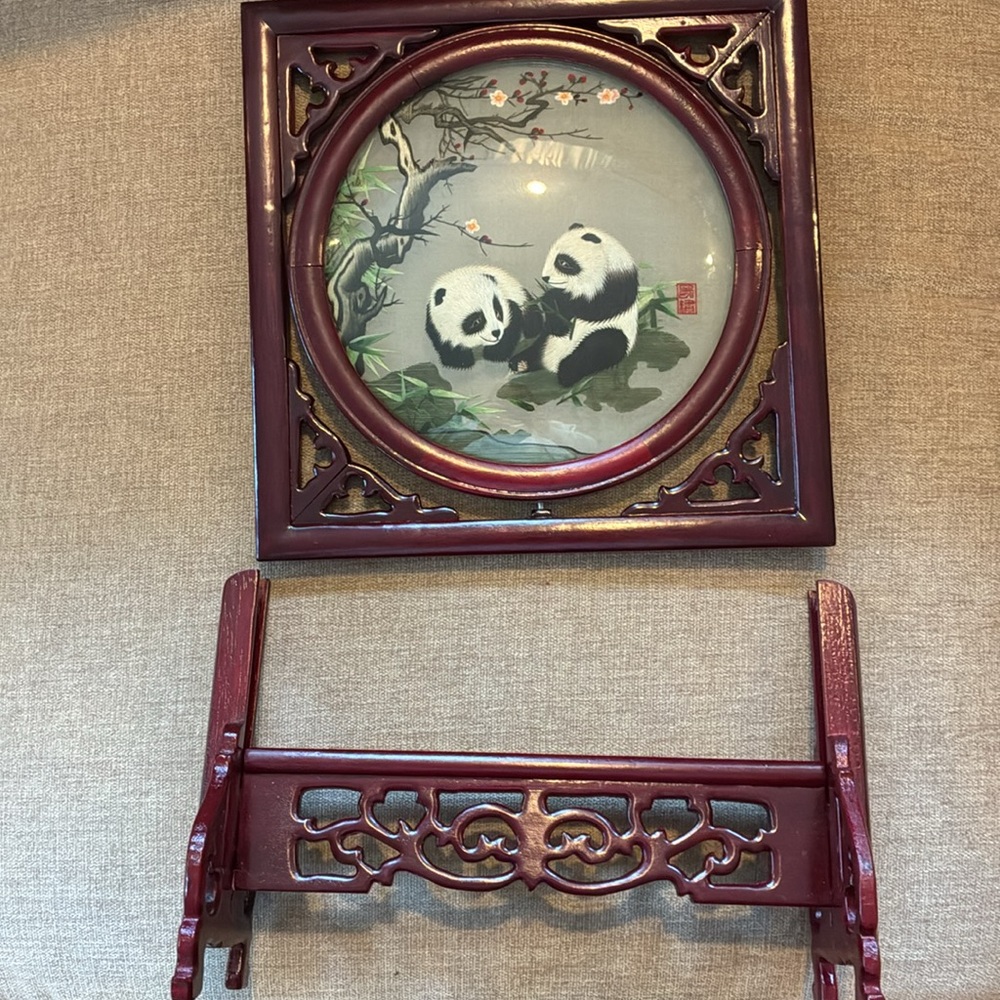 Vintage Table Screen with Silk Panda Embroidery - Burgundy Frame - Picture 11 of 15